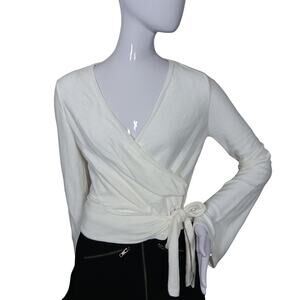 Topshop Fine Knit Blouse Size 8 White Mock Overlap Bell Sleeves Pullover